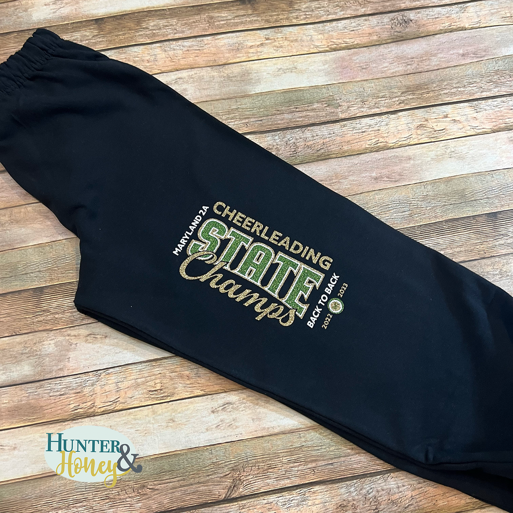 2023 Damascus Cheer State Champs Black Sweatpants Hunter Honey