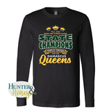 Black unisex cotton long-sleeve shirt with '2025 Maryland Cheerleading State Champions' text in three-color HTV (dark green, gold, and white) on a white background 