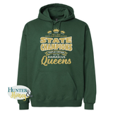 Green unisex hoodie with gold and white glitter text for the Fall 2025 Maryland cheerleading state champions on a white background.