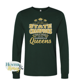 Green long sleeve unisex shirt with gold and white glitter text celebrating the Fall 2025 Maryland cheerleading state champions on a white background.
