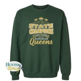 Green unisex crewneck sweatshirt with gold and white glitter text celebrating the Fall 2025 Maryland cheerleading state champions on a white background.