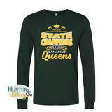 Green long-sleeve t-shirt with white and gold text celebrating the Fall 2025 Maryland cheerleading state champions on a white background.