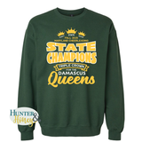 Green unisex crewneck sweatshirt with white and gold text celebrating the Fall 2025 Maryland cheerleading state champions on a white background.