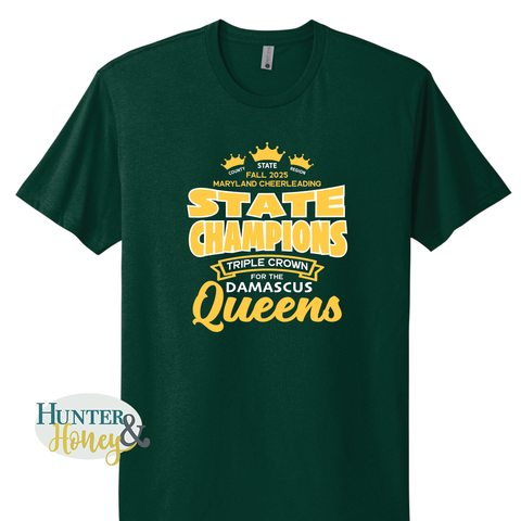 Green t-shirt with white and gold text celebrating the Fall 2025 Maryland cheerleading state champions on a white background.