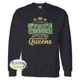 Black fleece unisex crewneck sweatshirt with a 3-color (gold, white, and dark green) glitter design reading Fall 2025 Maryland Cheerleading State Champions Triple Crown for the Damascus Queens.