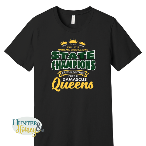 Black 100% cotton  unisex t-shirt with green and yellow text celebrating state champions and a triple crown achievement.