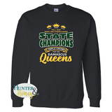 Black sweatshirt with '2025 Maryland Cheerleading State Champions' text and graphics in three-color HTV (dark green, gold, and white) on a white background.