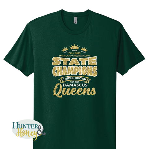 Green t-shirt with white and gold text celebrating the Fall 2025 Maryland cheerleading state champions on a white background.