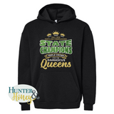 Black unisex hoodie with green, gold, and white Fall 2025 Maryland Cheerleading State Champions for the Damascus Queens in glitter heat transfer vinyl on a white background.