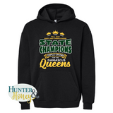 Black hooded sweatshirt with '2025 Maryland Cheerleading State Champions' text and graphics in three-color HTV (dark green, gold, and white) on a white background.