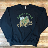 Black unisex crewneck sweatshirt with 'Damascus Hornets' logo in glitter.