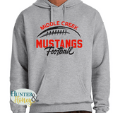 Gray hoodie with a black and red 'Middle Creek Mustangs Football' graphic on a white background with red and black glitter.