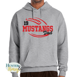 A gray hoodie with a two-color red and black football with the text of Mustangs Dad running in the middle of the football.