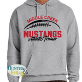 Gray hoodie with a two-color 'Middle Creek Mustangs Athletic Trainer' graphic.