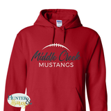 A red pullover hoodie with a front kangaroo pocket and drawstrings, featuring ablack and white glitter graphic on the chest that reads 'Middle Creek MUSTANGS' with a football motif. A Gildan brand tag is visible inside the collar, and a 'Hunter Honey' logo watermark is in the bottom-left corner.
