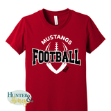 A red short-sleeve t-shirt with a graphic on the front that reads 'MUSTANGS FOOTBALL DAD' in white and black, featuring a football and shield design. A 'Hunter Honey' watermark is visible in the bottom-left corner.