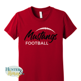 A red short-sleeve crewneck t-shirt with a graphic on the chest that reads 'Mustangs FOOTBALL' in black and white, featuring a football outline above the text. A 'Hunter Honey' brand watermark is visible in the bottom-left corner.