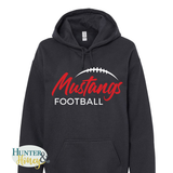 A black pullover hoodie with a front graphic that reads 'Mustangs Football' in red and white HTV, featuring a stylized football outline above the text. The hoodie is shown on a plain white background with a Hunter's Honey logo watermark in the bottom-left corner.