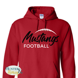 A red pullover hoodie with a front graphic that reads 'Mustangs FOOTBALL' in black and white HTV, featuring a white football outline above the text. A Gildan neck label is visible inside the collar, and a Hunter &. Honey watermark appears in the bottom-left corner.