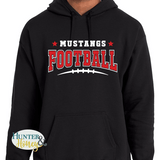 A black pullover hoodie with a front graphic that reads 'MUSTANGS FOOTBALL' in red and white, worn by a model. A 'Hunter Henry' watermark is visible in the bottom-left corner.