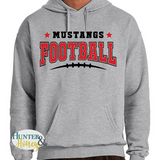 A heather gray pullover hoodie with a front graphic that reads 'MUSTANGS FOOTBALL' in black and red, with red stars and a black football outline. The hoodie is shown on a cropped model torso against a white background, with a Hunter Honey watermark in the lower left corner.