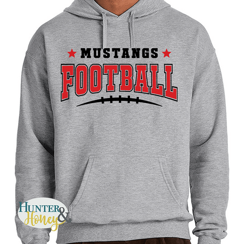 A heather gray pullover hoodie with a front graphic that reads 'MUSTANGS FOOTBALL' in black and red, with red stars and a black football outline. The hoodie is shown on a cropped model torso against a white background, with a Hunter Honey watermark in the lower left corner.