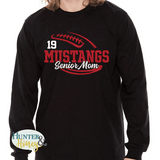 A black long sleeve ringspun cotton crewneck t-shirt with a red and black glitter football graphic with Mustangs Senior Mom cutting through the middle of the football and customized with a player's jersey number above Mustangs.