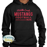 Black cotton/poly hooded sweatshirt with a red glitter design that reads Middle Creek Mustangs Football Mom.