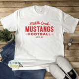 White short sleeve t-shirt with red HTV Middle Creek Mustangs Football Apex, NC design. It's a clean and classic old school design.