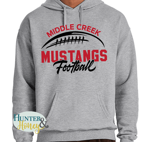 Gray hoodie with a black and red 'Middle Creek Mustangs Football' graphic on a white background