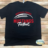 Black cotton short sleeve t-shirt with red and white Middle Creek Mustangs Football graphic.