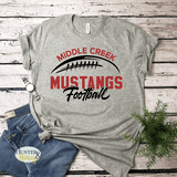 Gray cotton t-shirt with a red and black 'Middle Creek Mustangs Football' graphic.