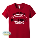 Red t-shirt with 'Middle Creek Mustangs Football' text and logo on a white background