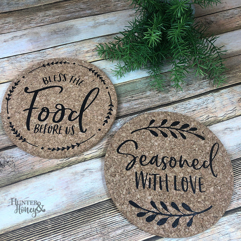 Bless the Food Before Us Cork Trivet Set