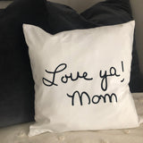 White velvet custom pillow cover with loved one's message in black flock HTV.