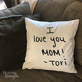 Custom ivory velvet throw pillow cover with black flock lettering in your own hand lettering.
