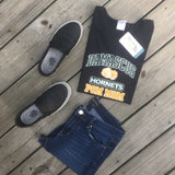 Damascus Pom Mom t-shirt in black flat lay.