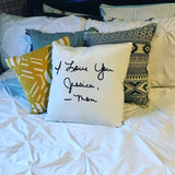 Custom ivory velvet throw pillow cover with black flock lettering in your own hand lettering.